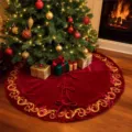 Detailed scene of red velvet Christmas tree skirt with golden embroidery and sequin decorations. - New Embroidered Style / 213cm / Burgundy