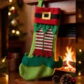 Chaussette de Noel decoration cheminee design lutin mignon sac cadeau festif fete vacances - Chaussette lutin verte avec bord rouge et boucle dorée