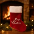 Chaussette de Noël rouge peluche sac cadeau cheminée suspension déco hivernale - Chaussette en velours brodée 'MC' avec bord en peluche