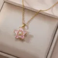 Gold-plated flower pendant necklace with pink cubic zirconia and pearls for women chic. - Pink Drop Flower (X0518)