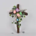 Easter vine cross wreath hanging decoration with colorful glitter eggs and berries 45cm - Style 08