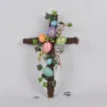 Easter twig cross wreath with colorful glitter eggs, artificial leaves and berries for spring decor. - Style 09