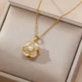 Exquisite gold-plated camellia pearl pendant necklace elegant flower jewelry accessory. - Camellia Style (X0592)