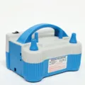 Detailed view of the electric balloon pump with blue and grey body, handle, and nozzles. - HT-508 Dual Nozzle Air Inflator (5-Inch)