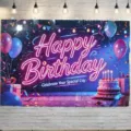 Toile de fond murale à sequins carrés avec impression néon joyeux anniversaire. - 90*60CM / Joyeux Anniversaire / Bleu et Violet