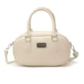 Sac à main bowling beige, sac bandoulière rétro de couleur unie avec plaque métal. - Avec Pendentif / Blanc
