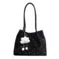 Sac cabas en toile à imprimé étoiles noires avec pendentif nuage mignon pour femmes. - Avec Pendentif / Noir