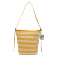 Yellow and white striped knit tote bag with shoulder strap and cute bear plush charm for women. - With Pendant / Yellow