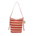 Red Striped Women Shoulder Bag Casual Summer Tote Bag with Cute Teddy Bear Pendant - With Pendant / Red