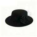 Schwarzer flacher Kreissägehut im britischen Retro-Stil mit elegantem Netzschleier - M / Schwarz (Schwarze Netzrose)