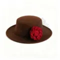 Vintage brauner Woll-Boater-Hut mit roter Blume und schwarzem Netzschleier - M / Kaffee (Rote Netzrose)