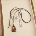 Korean style wooden hollow water drop pendant necklace retro long sweater chain accessory - Leather Cord Style / Length 88cm / Thick Silver Brushed Ball Brown Wood Necklaces