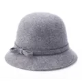 Elegant grey wool felt bucket hat for women with bow ribbon detail for autumn and winter - Mixed Gray