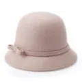 Elegant light pink wool felt cloche hat for women featuring a stylish side bow accent - Khaki