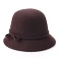 Dark brown wool cloche hat with bow detail for women's autumn and winter fashion - Brown