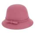 Elegant pink wool felt cloche hat for women with ribbon bow decoration for winter - Leather Pink