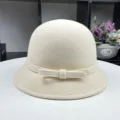 Elegant cream white wool felt cloche bucket hat with decorative bow detail for women - White 2