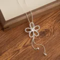 Silver beaded flower long necklace sweater chain with sparkling center crystal for women stylish. - Adjustable Drawstring Flower Zirconia Necklaces