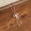 Silver beaded bow necklace elegant Korean style long sweater chain jewelry accessory - Bead Bowknot Necklace