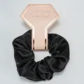 Detail view of a glossy black satin scrunchie on a pink bridesmaid proposal card - Black