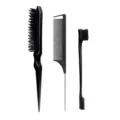 Three-piece professional black hair styling comb and brush set close-up details - Black 3-Piece Set
