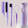 Detail view of professional purple hair styling set with combs, loop tools, and spray bottle - Purple 6-Piece Set
