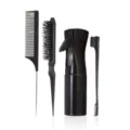 Macro view of a 4-piece professional black hair styling comb and spray bottle set - Black 4-Piece Set