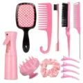 Complete 12-piece pink hair brush and comb styling tool set with empty spray bottle - Pink 12-Piece Set