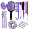 Complete 11-piece purple hair styling tool set with spray bottle and various combs - Purple 12-Piece Set