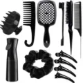 Professional black hair styling comb set with continuous spray bottle and clips - Black 12-Piece Set