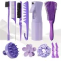 Purple hair styling comb set with continuous spray bottle and scalp massager brushes - Purple 11-Piece Set