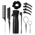 Professional 9-piece black hair styling tool set with continuous spray bottle and combs - A Black 11-Piece Set