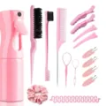 Professional pink hair styling set with spray bottle, combs, and braiding tools for salon use. - Pink 16-Piece Set