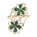 Elegant flower upper arm cuff bracelet, adjustable gold-tone metal with green enamel petals. - Green