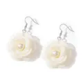 White fabric camellia flower drop earrings with pearl center and silver hook for women daily wear. - Earrings / Off White