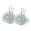 Light green fabric camellia flower earrings with center pearl and silver hook for women. - Earrings / Green
