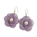 Closeup of sweet purple fabric camellia flower earrings with faux pearl center, gold hooks. - Earrings / Purple