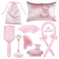 Detailed view of the pink heatless hair curler and beauty accessory set - Pink 11-Piece Set
