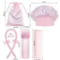Detailed dimensions for the pink heatless hair curler set including bonnet and bag - Pink 8-Piece Set