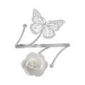 Silver metal adjustable arm cuff featuring hollow butterfly and white flower decor for women. - Cream White Silver
