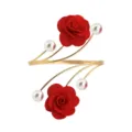 Adjustable gold metal upper arm cuff bracelet featuring red fabric flowers and white faux pearls. - Red