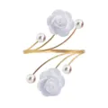 Gold open arm cuff with white fabric roses and pearls, adjustable fashion jewelry bracelet - White
