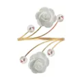 Elegant adjustable open arm cuff featuring frosted floral charms and glossy faux pearls. - Off White