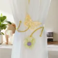 Gold butterfly curtain tieback clasp, adjustable metal ring with plush flower for sheer curtains. - Yellow