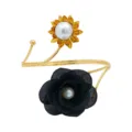 Adjustable metal curtain tieback with black fabric flower and gold sunflower pearl decor - Black & Gold