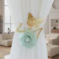 Elegant metal butterfly fabric flower curtain tieback with pearl accent for home decor. - Light Green Flower (Gold)