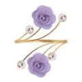 Adjustable open metal arm cuff bracelet featuring purple fabric flowers and simulated pearls. - Purple