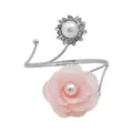 Close-up detail view of elegant silver curtain tieback featuring pink fabric rose and pearl. - Pink and Silver