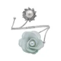 Metal curtain tieback with fabric flower pearl detail, punch free adjustable drapery clip - Green Silver