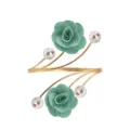 Adjustable open metal upper arm cuff bracelet with 3D fabric green flower and faux pearls for women - Green